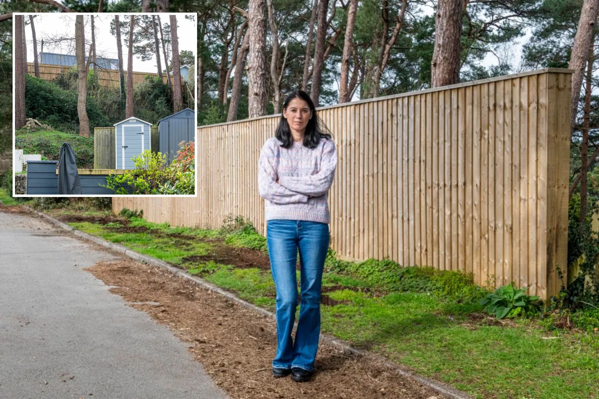 An image collage containing 2 images, Image 1 shows A woman with dark hair stands with her arms crossed in front of a new wooden fence, with tall trees and a paved path visible in the background, Image 2 shows Garden sheds and trees on a hillside