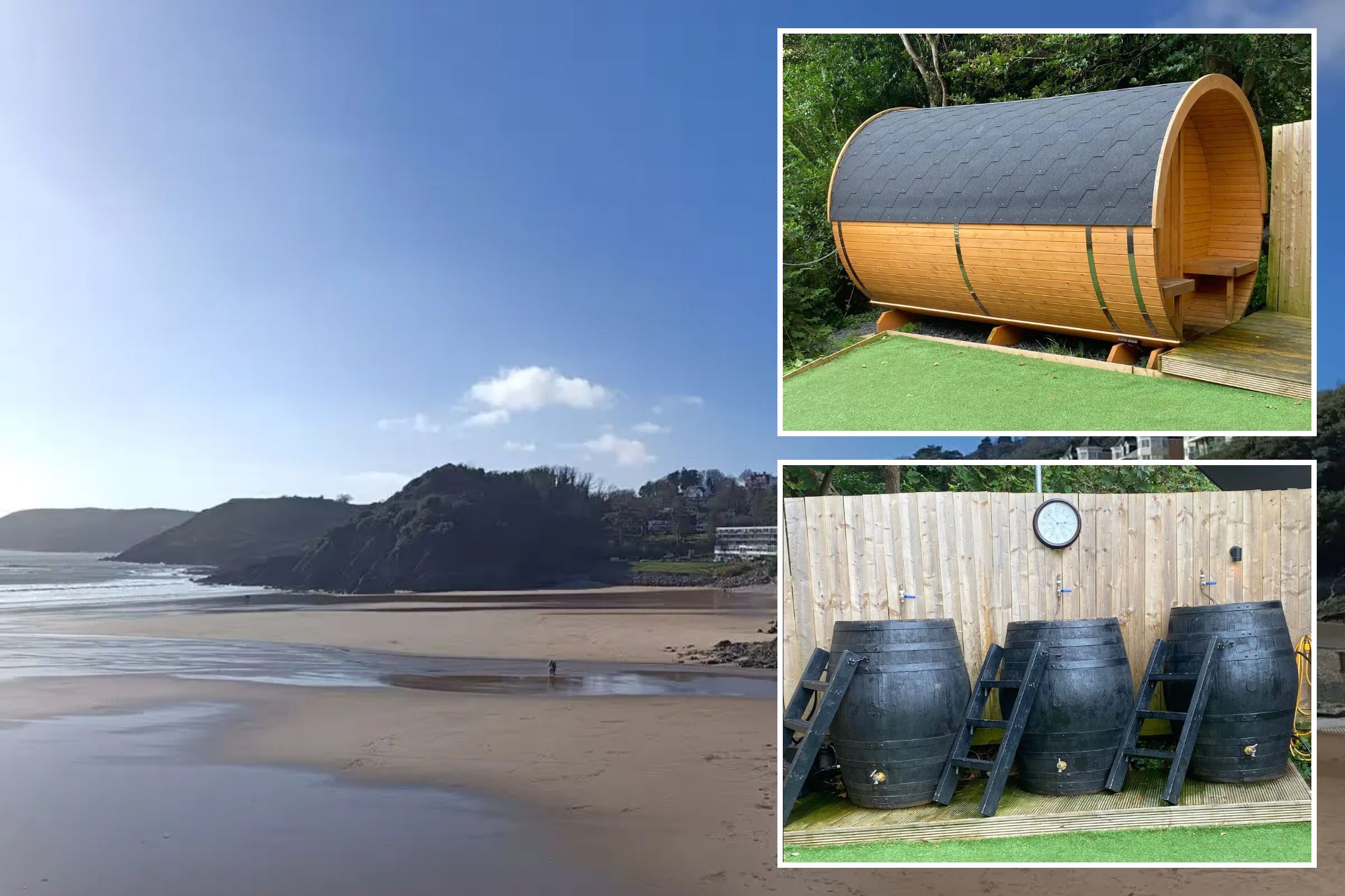 An image collage containing 3 images, Image 1 shows Beach with a building at its far end, Image 2 shows A barrel-shaped wooden sauna with a dark shingled roof, set in a lush green outdoor area with a wooden fence, Image 3 shows Three black wooden barrels with ladders and spigots on a wooden deck in front of a wooden fence