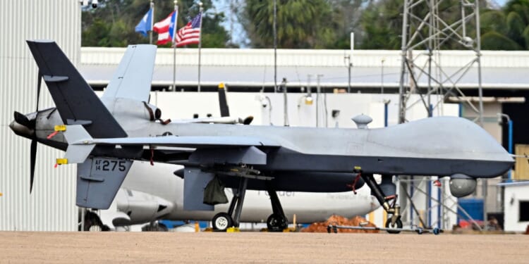 A U.S. Air Force MQ-9 Reaper drone is pictured at Rafael Hernandez Airport in Aguadilla, Puerto Rico, on Nov. 30, 2025.
