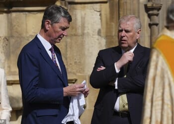 According to body language expert Judi James , a 'defiant and arrogant' Andrew looked synonymous with 'a heat-seeking missile' as he quickly sought to make conversation with a 'trapped' Vice Admiral Sir Tim, 71