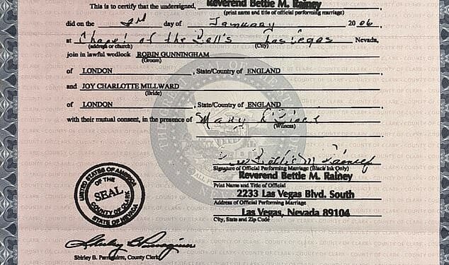 The elusive Banksy is actually former public schoolboy Robin Gunningham. His marriage certificate shows he tied the knot with political researcher Joy Millward in Las Vegas in 2006
