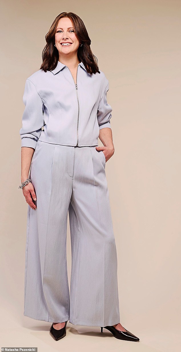 Jacket, £60, trousers, £40, and shoes, £36, marksandspencer.com. Earrings, £100, astridand miyu.com. Bracelet, £540, giovanniraspini.com