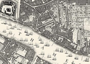 The area around the River Thames to the east of the Tower of London is shown in one section of the map by John Rocque in 1746 - nearly 150 years before Tower Bridge was constructed
