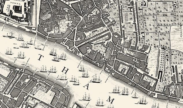 The area around the River Thames to the east of the Tower of London is shown in one section of the map by John Rocque in 1746 - nearly 150 years before Tower Bridge was constructed