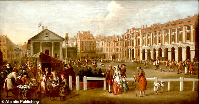 Covent Garden Market, shown in a painting by Balthazar Nebot in 1737 which displays its Italian piazza bounded on the west by St Paul¿s Church and on the other three sides by tall houses