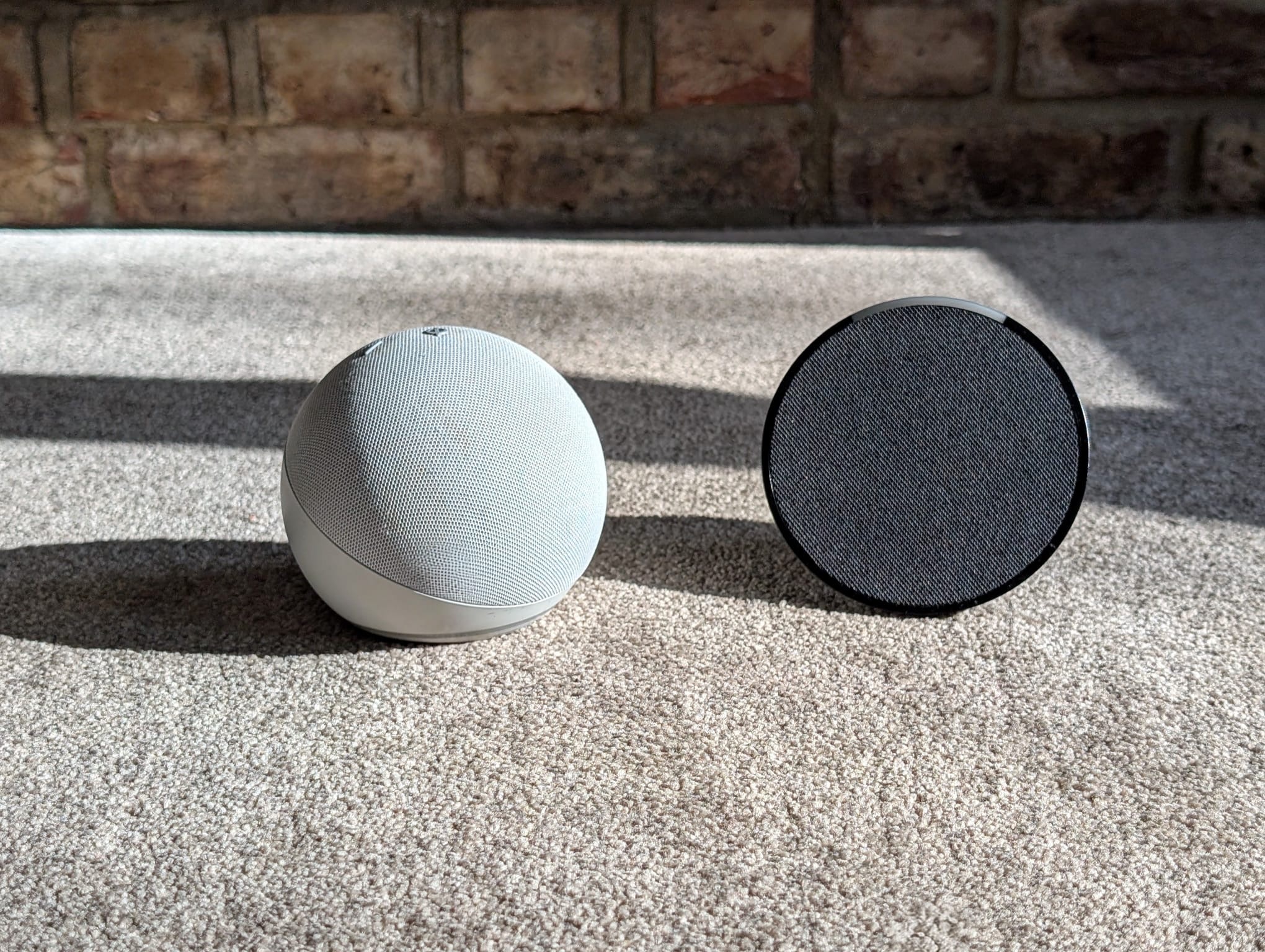 Two Amazon Echo Dot smart speakers, one white and one black, on a carpeted floor.