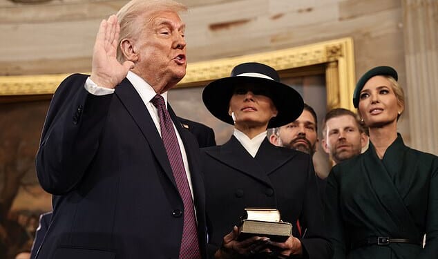 Donald Trump has openly flirted with the idea of reclaiming the White House in 2028. He is pictured alongside Melania and Ivanka at his presidential inauguration on January 20, 2025