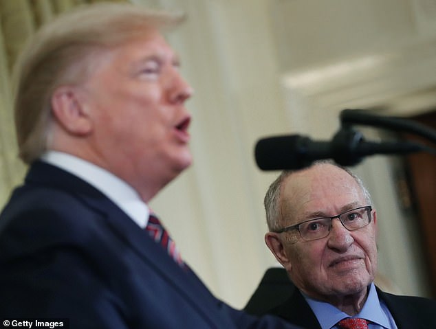 Dershowitz, 87, is a formidable attorney who previously defended Mike Tyson, OJ Simpson, and Jeffrey Epstein. 'Could Trump Constitutionally Serve A Third Term?' is his 63rd book. Dershowitz is pictured behind Trump in the White House on December 11, 2019