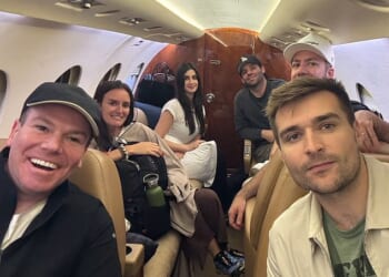 Trump adviser, Alex Bruesewitz (right front), dog-walker Sarah Daither (middle left), former lobbyist Jay Footlik and others managed to escape on a private plane