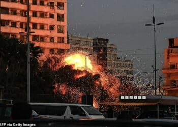 A fireball rises from the site of an Israeli airstrike that targeted a building in Beirut's Bashoura neighbourhood