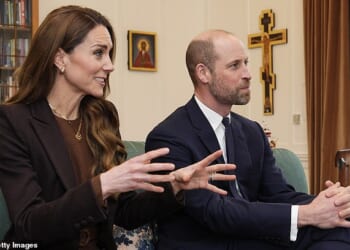 Catherine, Princess of Wales, and Prince William speak with the Archbishop of Canterbury, Dame Sarah Mullally, in February 2026