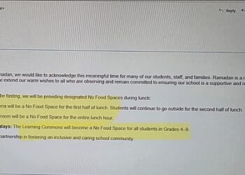 The viral email that was allegedly sent by school officials, explaining that certain areas in the lunchroom are 'food free' zones