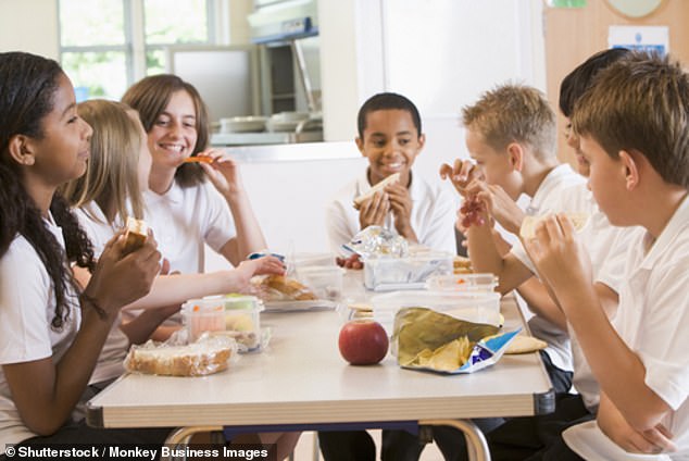 Fairview School in Calgary, Canada sparked backlash for restricting its children as young as age 9 from eating food inside the cafeteria and lunchroom for the month of Ramadan, when Muslims fast during daylight hours. Pictured: Stock image of children eating in a cafeteria