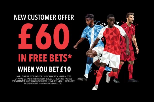 Illustration of a new customer betting offer for £60 in free bets when betting £10, with three polygonal-style football players.