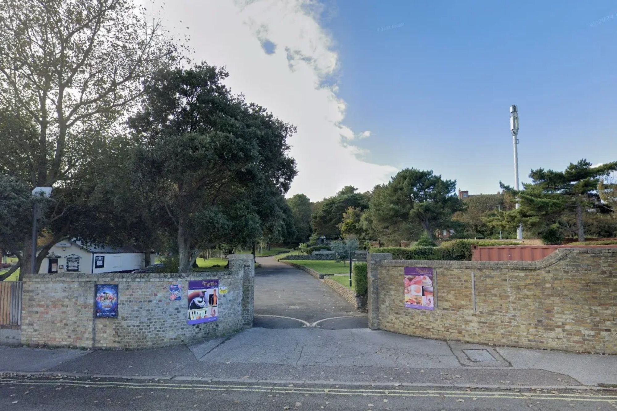 An image collage containing 1 images, Image 1 shows Entrance to Sparrows Nest Gardens in Lowestoft, with a paved path leading into a park-like area with trees and a building in the background
