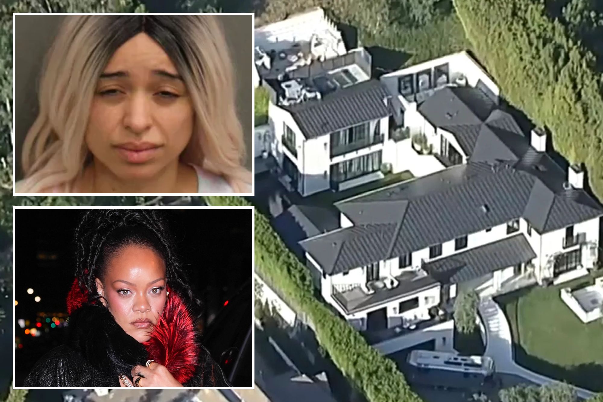 An image collage containing 3 images, Image 1 shows Aerial shot of Rihanna's home in Los Angeles, Image 2 shows Mugshot of Ivana Lisette Ortiz, a woman with dark roots and light blonde hair, Image 3 shows Rihanna wearing a black leather jacket with red fur trim, a red dress, and carrying a black handbag and red roses