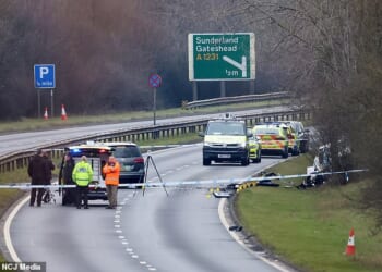 A woman in her 20s was pronounced dead at the scene and a man in his 20s is fighting for his life in hospital. Both of them were passengers in the BMW being chased by police down the wrong side of the dual carriageway