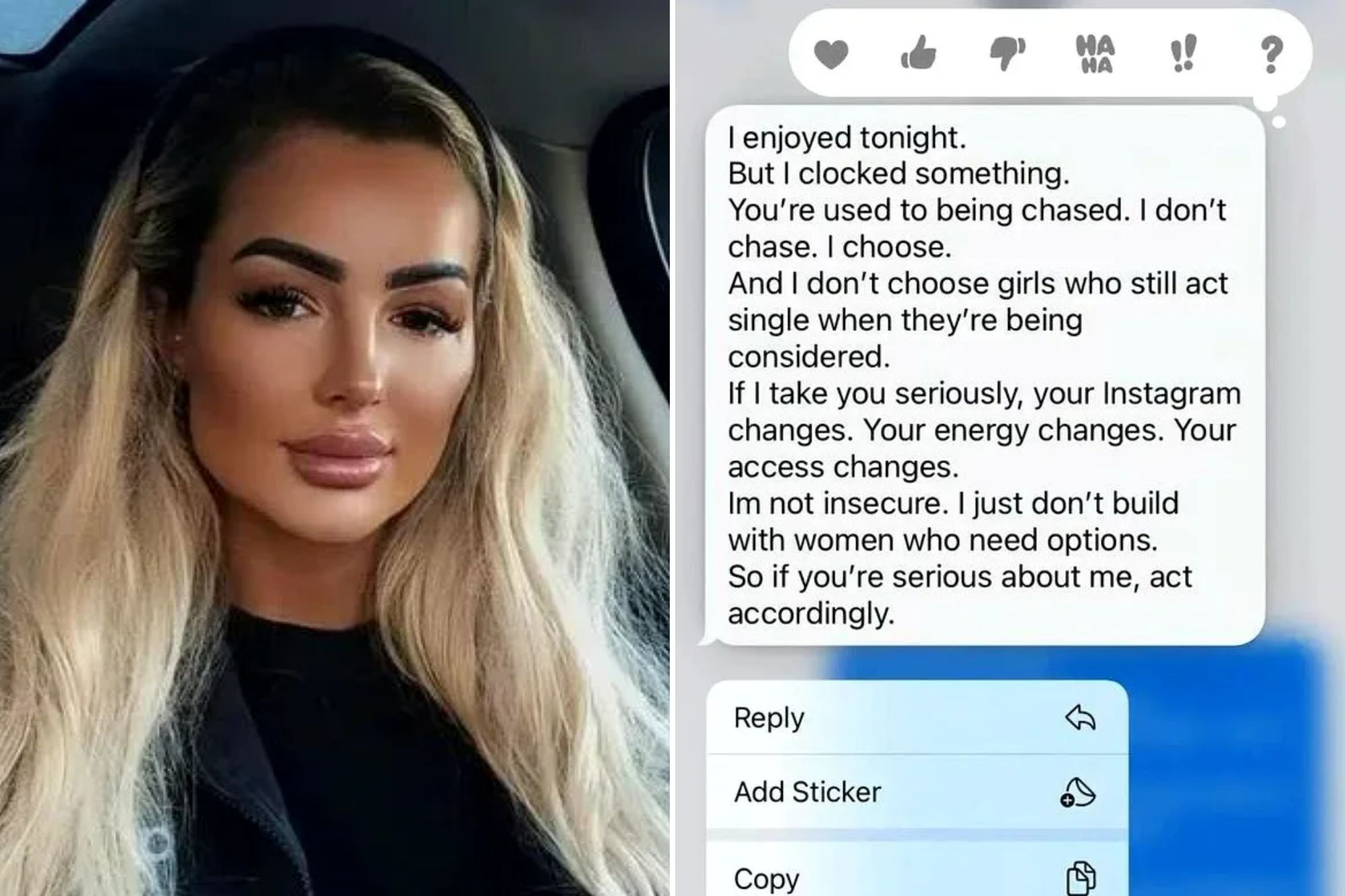 An image collage containing 2 images, Image 1 shows A woman in a car with long blonde hair and plump lips, with text overlay "He text me this after our first date I'm screaming", Image 2 shows A text message from a date, stating demanding rules for a relationship