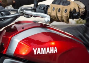 A close-up shot of a Yamaha XSR700 motorcycle.