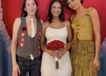 Zendaya surprised a lucky couple as she crashed their Las Vegas wedding on Saturday; the bride pictured with Alana Haim (L) and Zendaya (R)