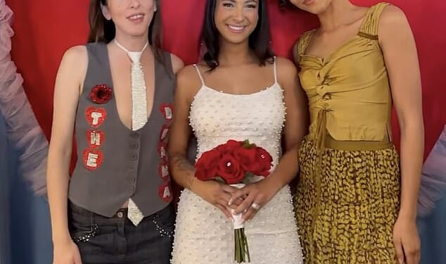 Zendaya surprised a lucky couple as she crashed their Las Vegas wedding on Saturday; the bride pictured with Alana Haim (L) and Zendaya (R)