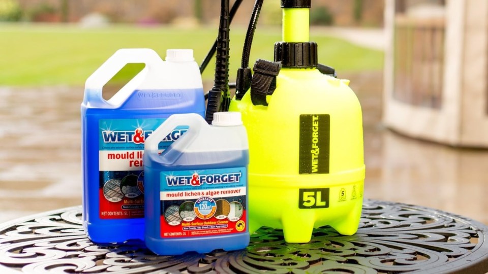 Three "Wet & Forget" brand products on a table: two blue containers of mould, lichen, and algae remover (5L and 2L) and a yellow 5L spray bottle.