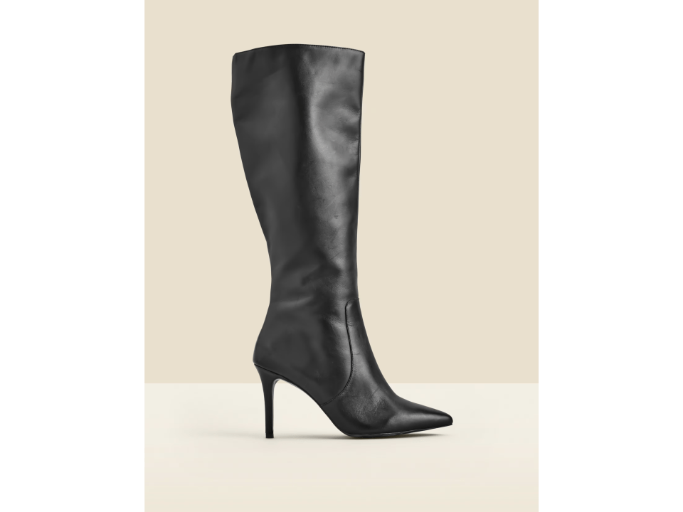 Black leather stiletto heel knee-high boot.