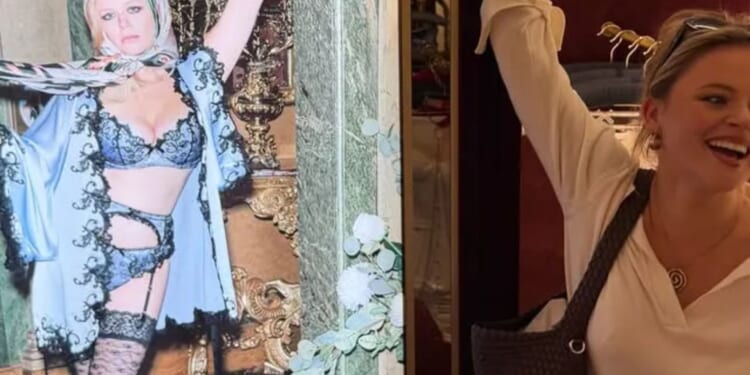 Emily Atack shows off incredible weight loss as she poses in front of her own modelling pic outside Harrods