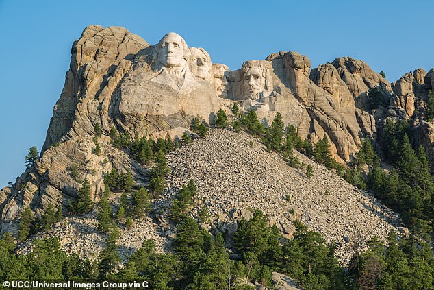 Mr Trump will be joining legendary predecessors George Washington, left, Thomas Jefferson, second from the left, Theodore Roosevelt and, right, Abraham Lincoln