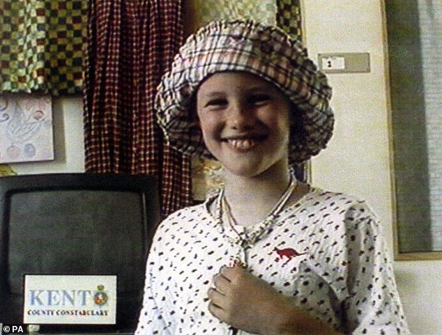 Josie Russell miraculously survived the bloodbath and often wore a hat as she recovered from her head injuries (pictured, Josie in hospital four weeks after the hammer attack in 1996)