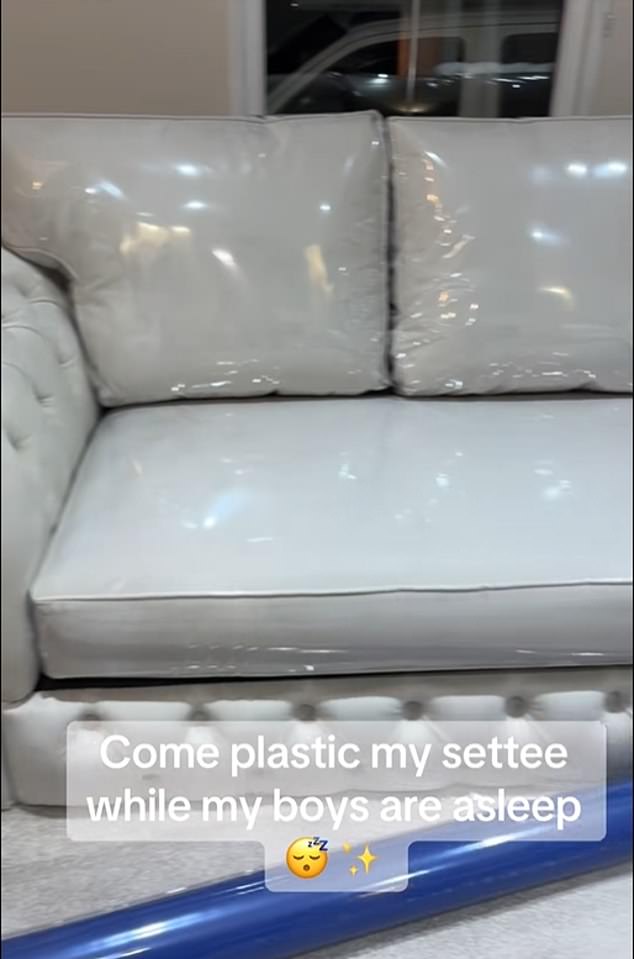 Content creator Lucy recently documented the process of covering a large grey settee with plastic