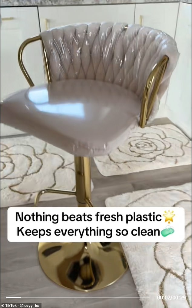 In another clip, Lucy compiled footage of plastic-covered bar stools and carpets and wrote that 'nothing beats fresh plastic'