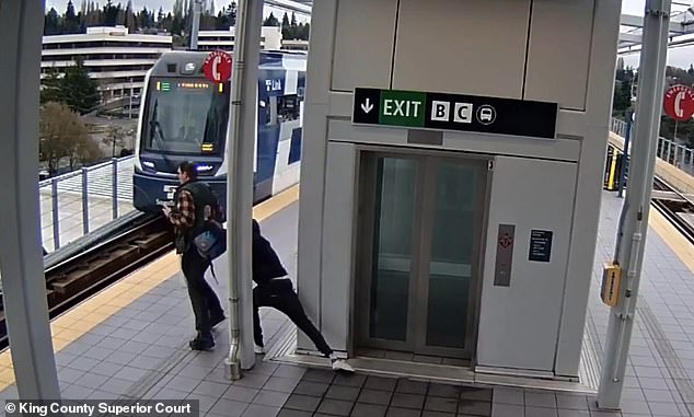 The shocking video captured the moments when Walbrun caught himself on the platform as a train approached in Seattle, Washington