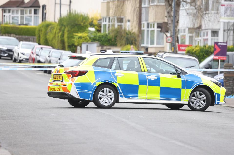 A parked police car with yellow and blue checkered markings on a street.