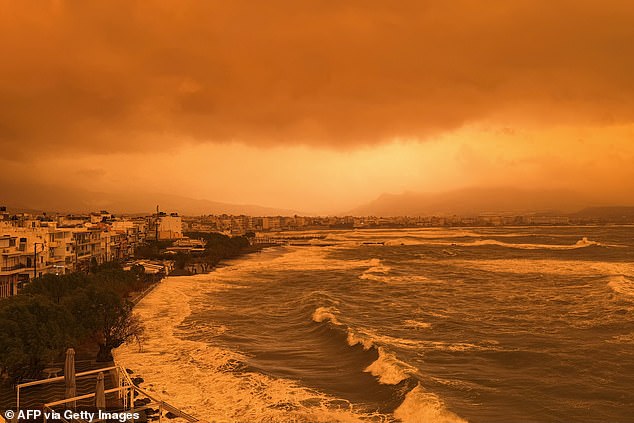 This photograph shows the city of Ierapetra during a dust storm on the Greek island of Crete on April 1