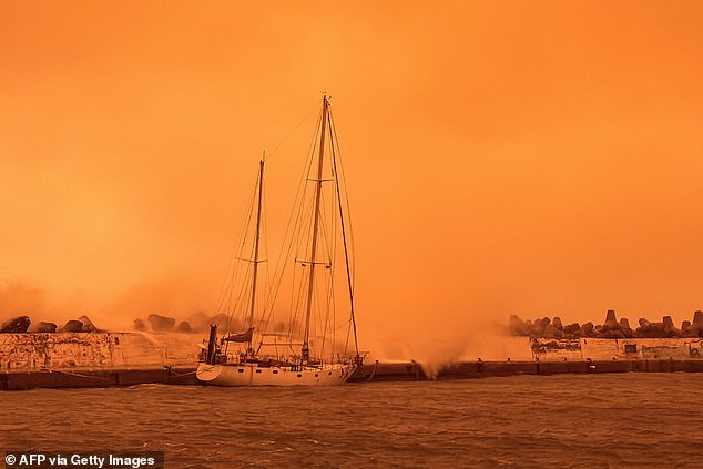 This photograph shows the port of Ierapetra during a dust storm on the Greek island of Crete