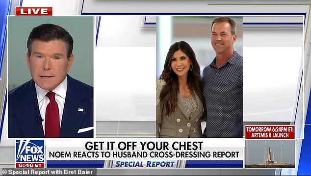 Fox News Chief Political Anchor Bret Baier addressed the scandal on his show Tuesday, telling viewers: 'Kristi Noem is asking for privacy and prayers tonight. 'She is said to be devastated by reports alleging her husband has been leading a cross-dressing double life'