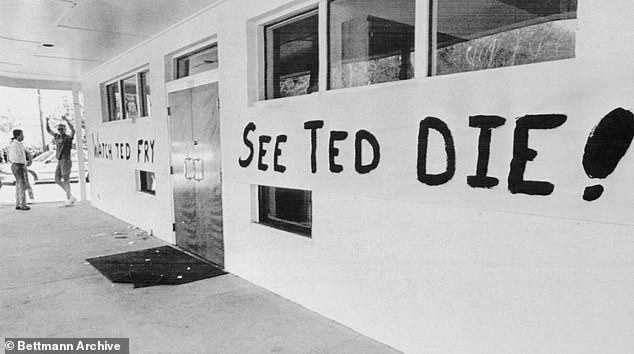 Florida State University's Chi Phi fraternity celebrates the execution of Ted Bundy with a large banner that says 'Watch Ted Fry, See Ted Die!'