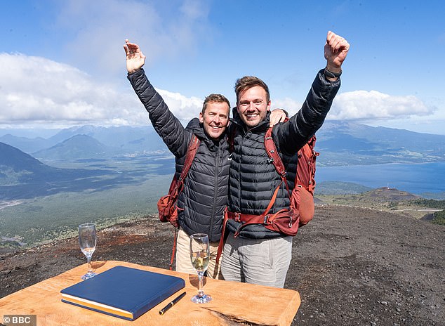 Mills with his husband Sam Vaughan on Celebrity Race Across The World in 2024, which they won