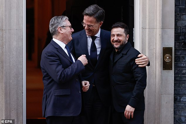 British Prime Minister Keir Starmer (L), NATO Secretary-General Mark Rutte (C) and Ukrainian President Volodymyr Zelensky (R) outside 10 Downing Street, London, UK, March 17, 2026.