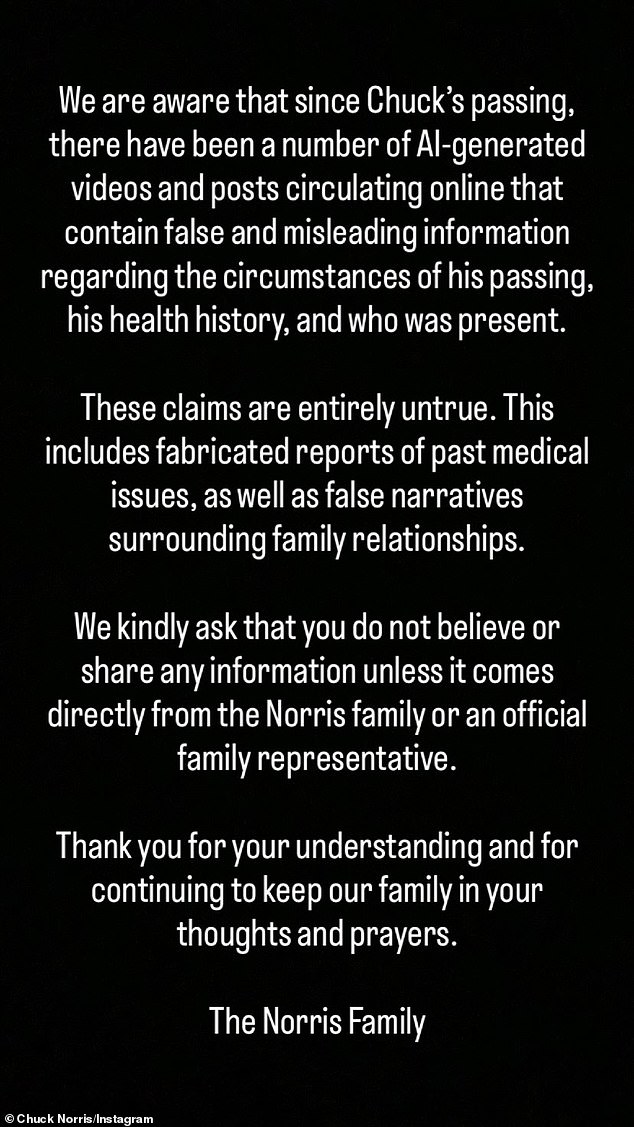 His family penned a message to Norris' Instagram account on Wednesday to call out claims that are 'untrue' from the A.I. clips