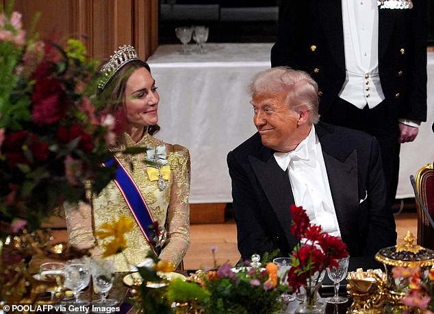 US President Donald Trump smiles at Catherine, Princess of Wales during his state visit to the UK last year