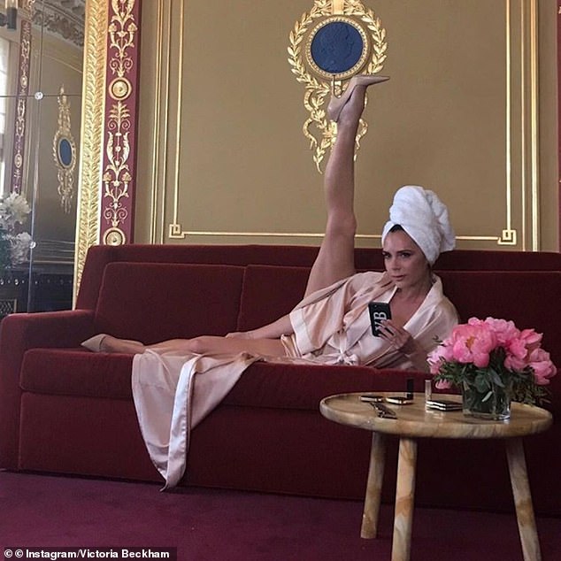 The fashion designer, 51, has become known for striking the signature pose, which sees her thrust her leg straight in the air while reclining, forming a 90 degree angle