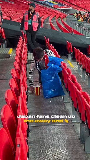 It comes after a sea of Japanese fans were captured cleaning up the away section before leaving Wembley Stadium after the nation's victorious football match against England on March 31