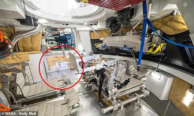 In the biggest upgrade over Apollo, Orion features a separate toilet compartment hidden behind a panel in the floor (circled in red)