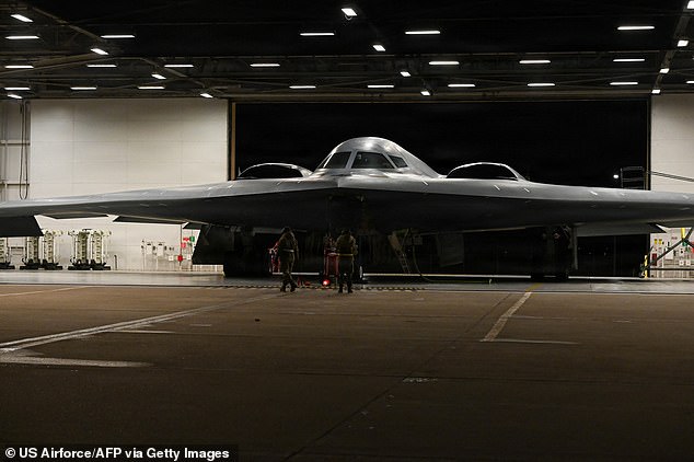 US Air Force crew chiefs performing pre-flight checks on a B-2 Spirit stealth bomber during Operation Epic Fury, on March 17