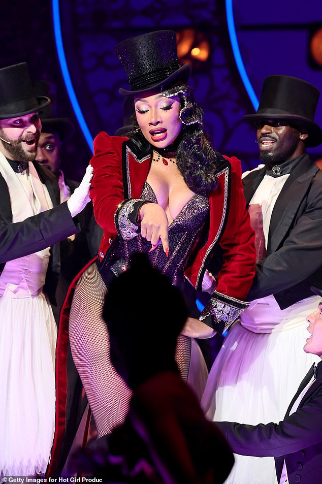 The 31-year-old music artist took the stage on Thursday evening to perform in the musical Moulin Rouge following a brief absence; pictured on March 24