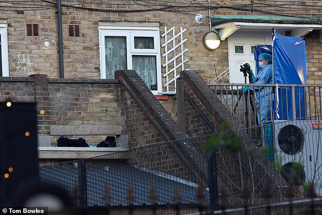 Three teens have been arrested, aged 14, 16 and 18. All three remain in custody the Met Police have said (Pictured: Forensics at the scene)