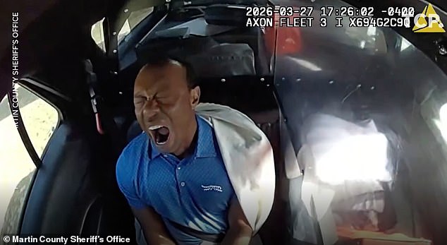 A drowsy Woods can be seen yawning in full 17-minute video of his journey to a police cell