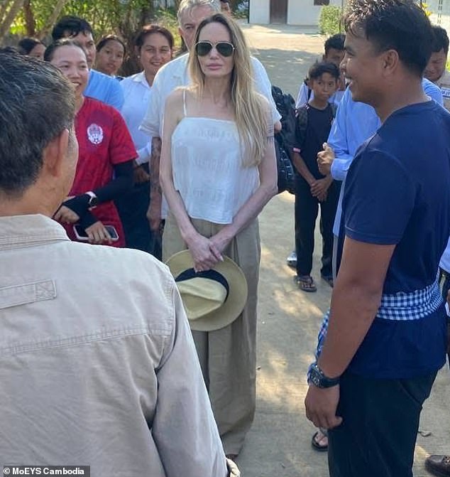 The 50-year-old Oscar-winning actress was seen on Wednesday at the Samlout High School in Battambang, Cambodia